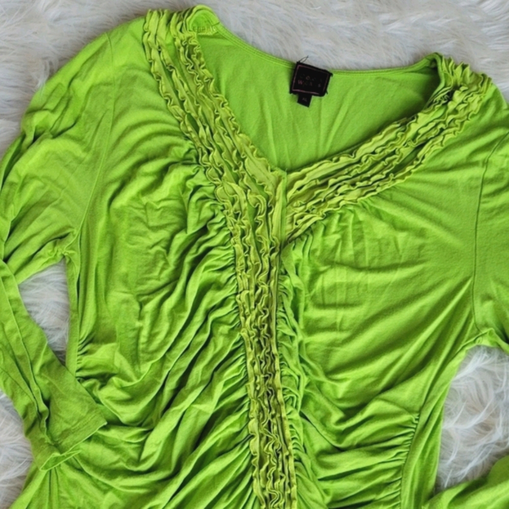 Green Ruched Ruffle Tunic Blouse Colour Works XL - Picture 2 of 6